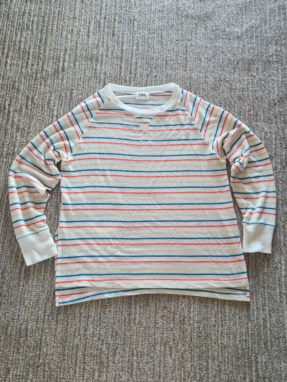 LNA White And Multi Colored Striped Brushed Crewneck Split Hem Sweater Size M